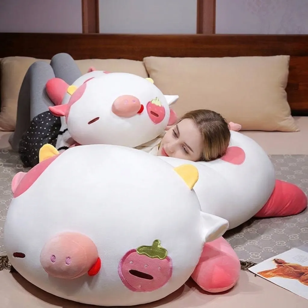 Strawberry Cow Plush Toy Soft Stuffed Animal Large Sleeping Pillow Pink White Cow Doll With Embroidery Birthday Gift For Kids Adults Home Decor