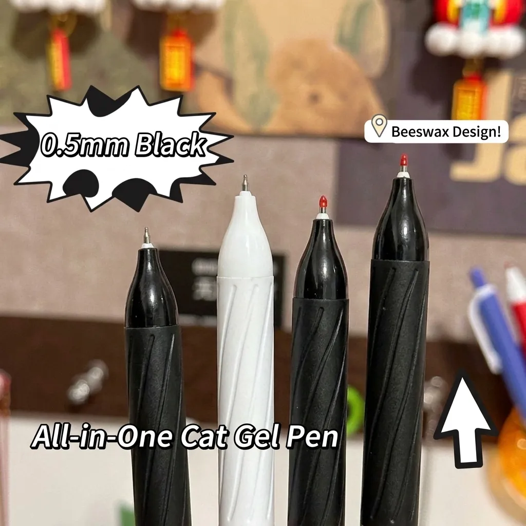 Rotating Gel Pen With Cup Cat 3D Topper 0.5mm ST Needle Tip Black Ink Silicone Grip Anti-Fatigue Stationery School Office Writing