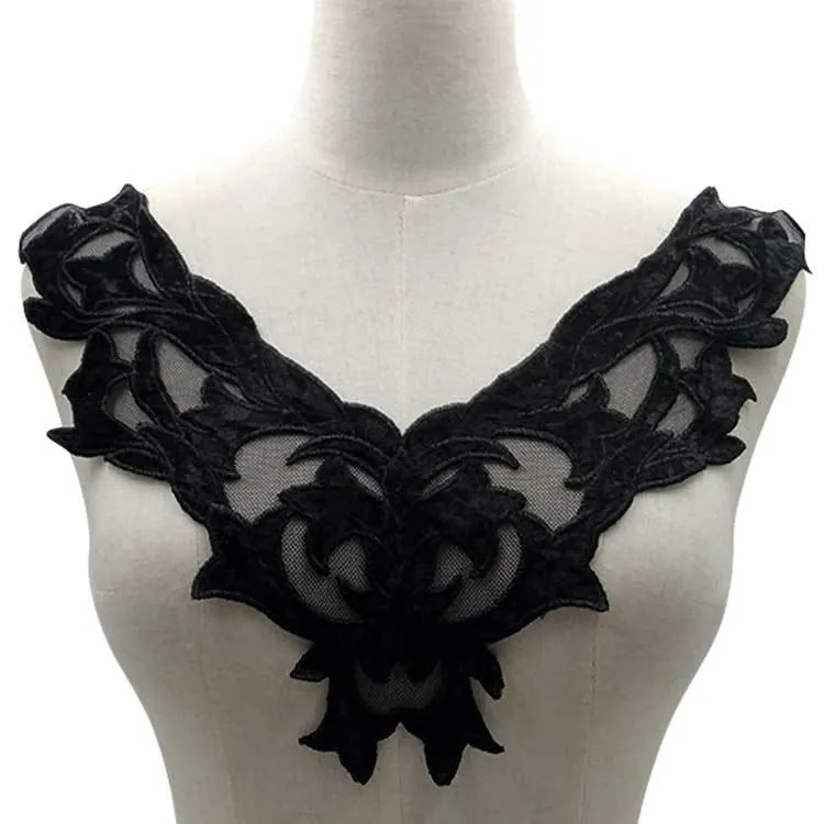 Vintage Black Water Soluble Lace Collar Flower Polyester Velvet Applique Mesh Embroidery Fake Collar For Women Clothing Accessory