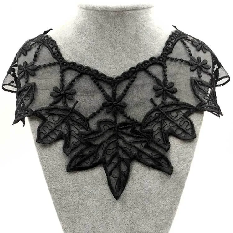 Zwarte Wateroplosbare Kant Geborduurd Valse Kraag Polyester Bloemen Blad Borduurwerk Halslijn Patch Voor Dames Kleding DIY Accessoire