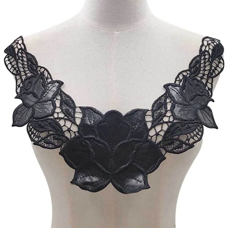 Water Soluble Lace False Collar PU Leather Patch Embroidery 3D Hollow Rose Floral Clothing Accessories For Women DIY Decor