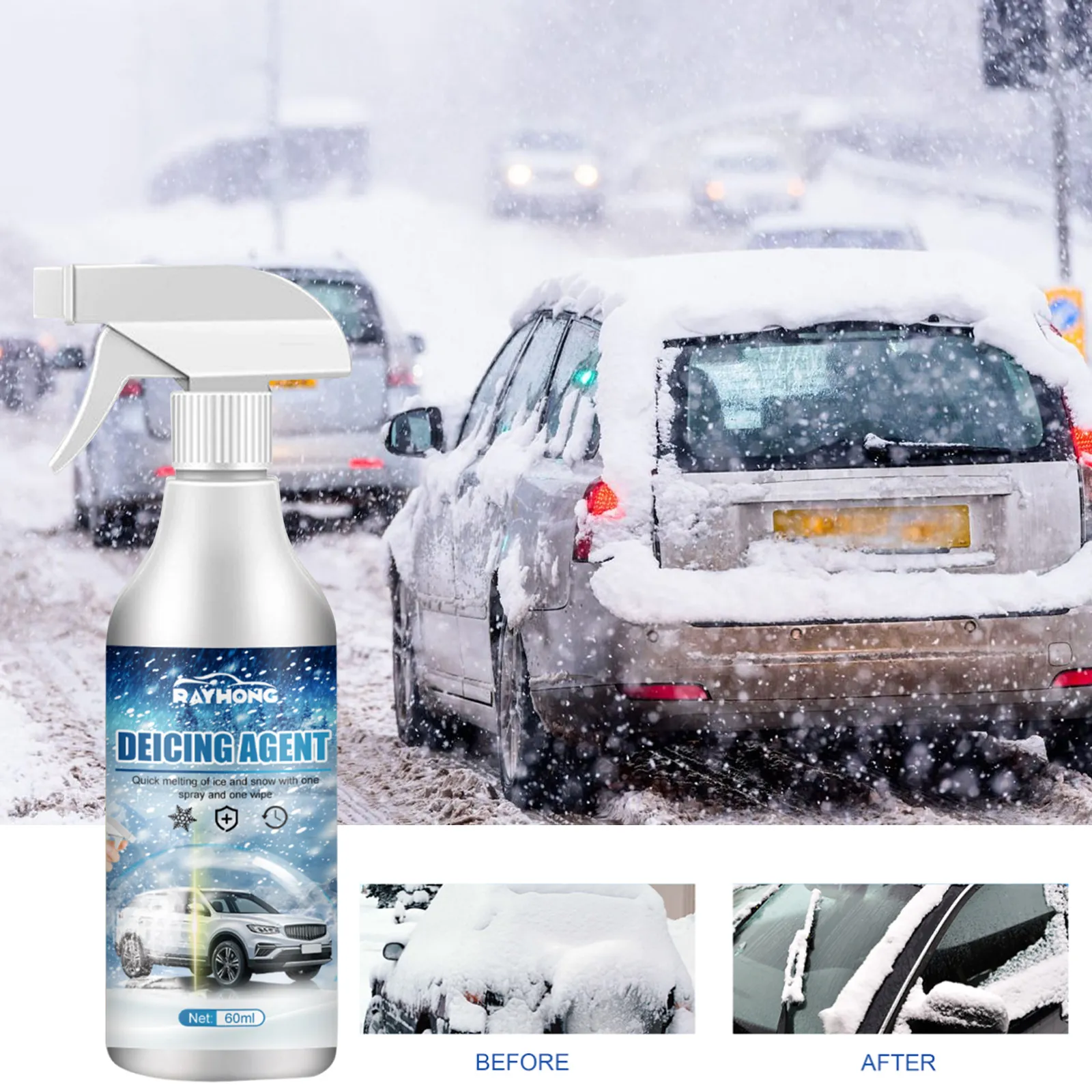 Rayhong Spray Descongelante para Coche Eliminador de Hielo y Nieve Rápido para Parabrisas y Ventanas Spray de Limpieza de Invierno