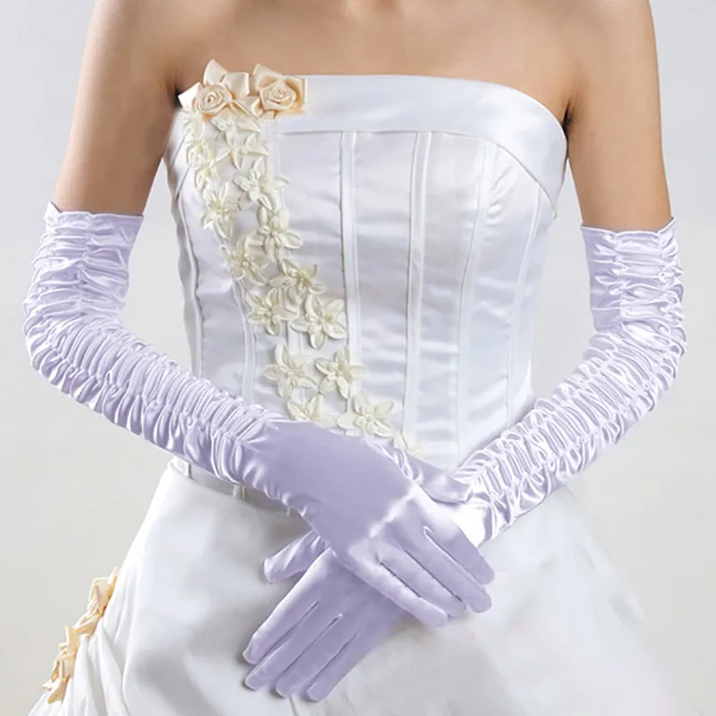 Elegantes Guantes de Novia Largos de Satén Plisado por Encima del Codo Mujeres Boda Fiesta de Noche Guantes de Color Sólido