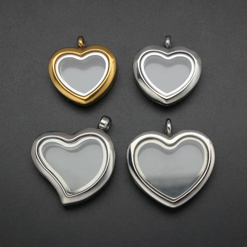 Stainless Steel Heart Glass Locket Pendant Necklace Magnetic Flip Open Floating Charm Memorial Jewelry For Women Men