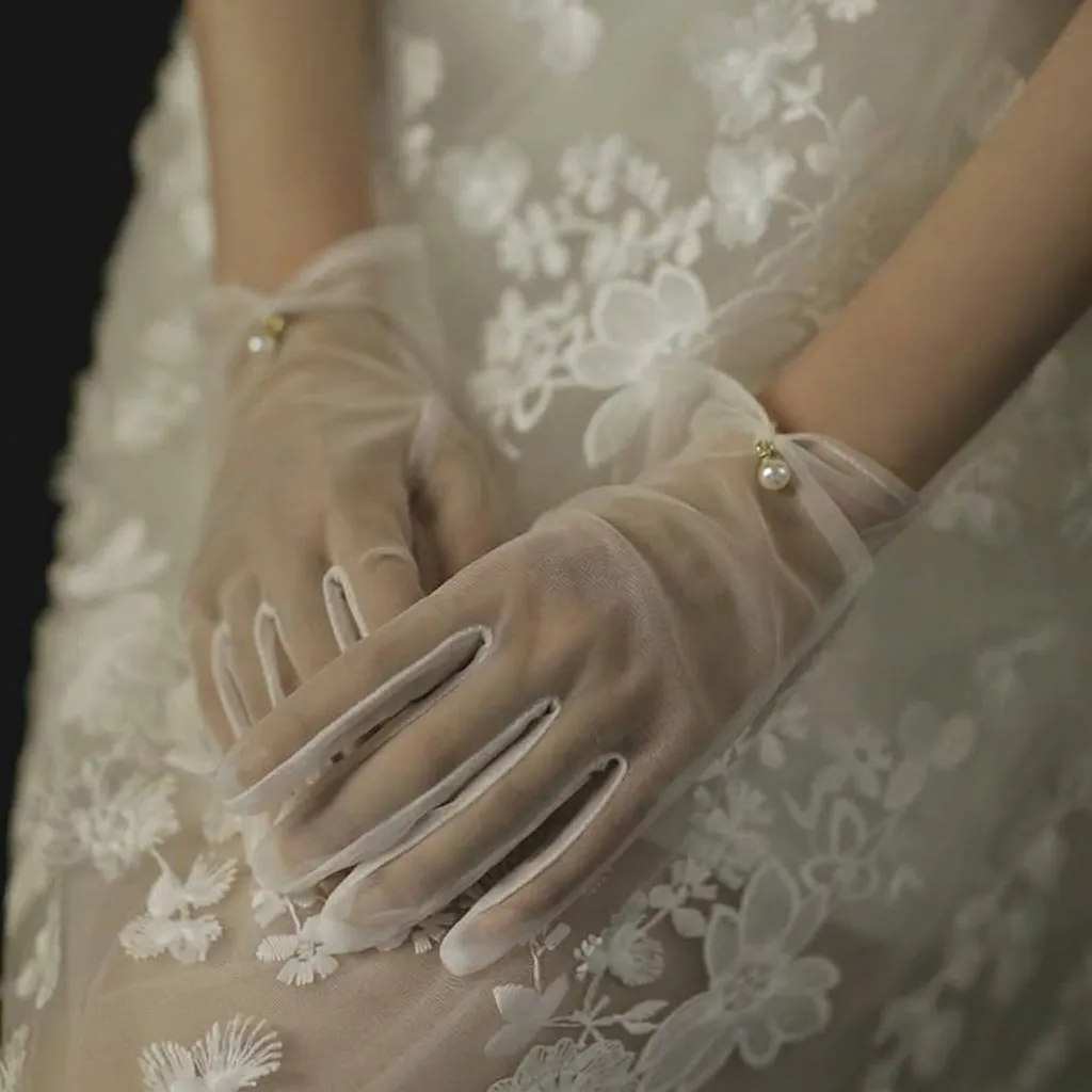 Brauthandschuhe Für Damen Kurze Netz Satin Handschuhe Perlen Rüschen Spitze Handschuhe Für Hochzeit Fotografie Zubehör