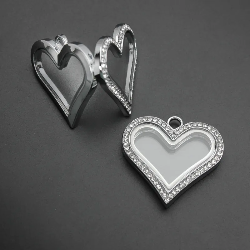 Heart Locket Alloy Rhinestone Openable Glass Living Memory Locket Pendant Magnetic Floating Charm Pendant For Necklace Jewelry Making