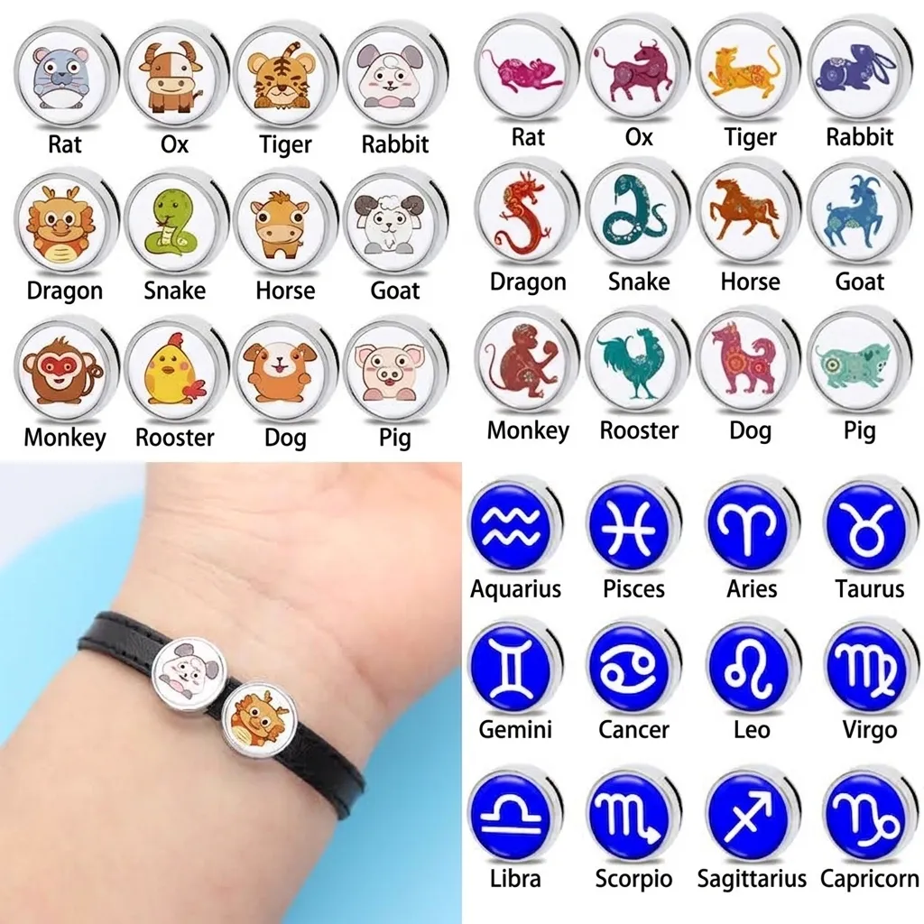 Legierung Gleit-Charms Tierkreis Sternbild Cartoon-Muster Runde Perlen Für DIY Armband Armreif Schmuckherstellung Zubehör
