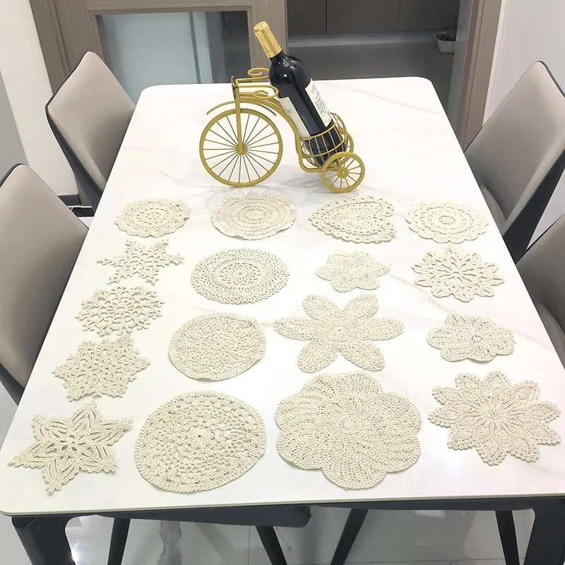 Vintage Cotton Crochet Lace Table Mat Hollow Out Embroidered Coaster Floral Heart Round Placemat For Home Wedding Photography Props