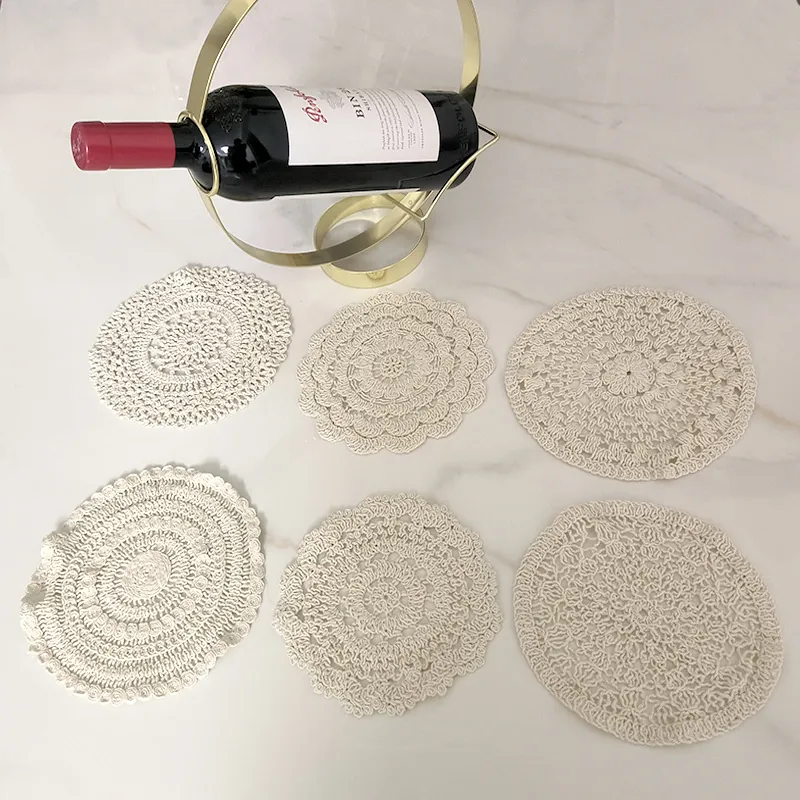 Vintage Round Lace Cotton Coaster Hand Crochet Hollow Out Embroidered Table Mat For Home Photography Decor Apricot