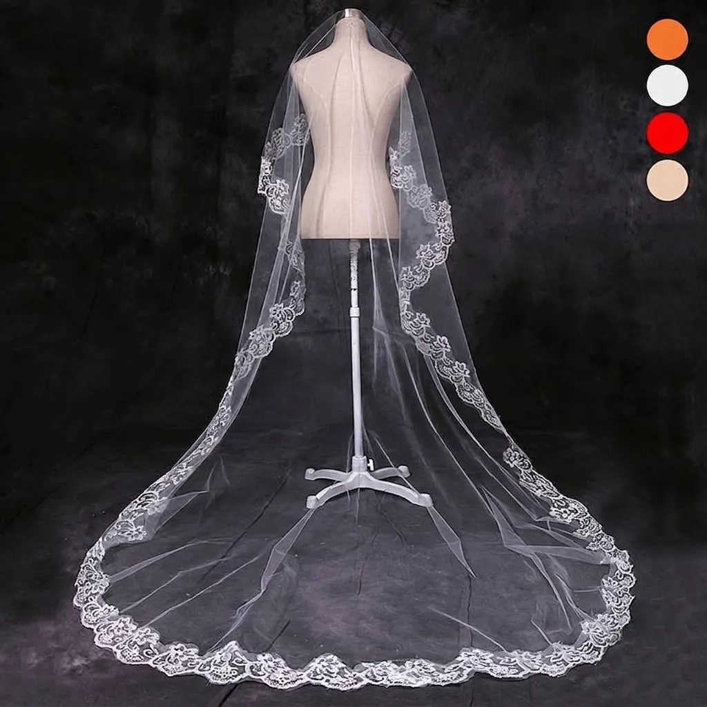 Brautschleier In Kathedralenlänge Vintage Western-Stil Spitzenkante Blumenstickerei Netz-Hochzeitsschleier Für Brautfotografie Zubehör