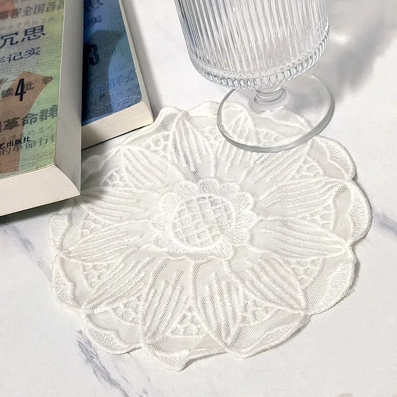 Cotton Lace Round Table Placemat Embroidered Mesh Coaster White Apricot Floral Decorative Mat For Dining Photography Props