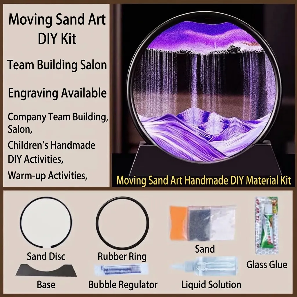 3D Mobiles Treibsand Malerei DIY Set Gehärtetes Glas Rund Fließendes Sandbild Kunst Desktop Ornament Stressabbau Deko Für Haus Büro