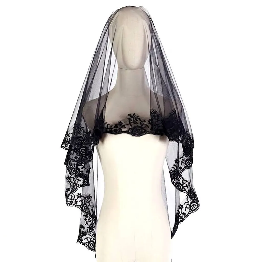 Gothic Black Rose Lace Veil For Halloween Party Cosplay Ghost Bride Costume Retro Mesh Wedding Hair Accessory For Women