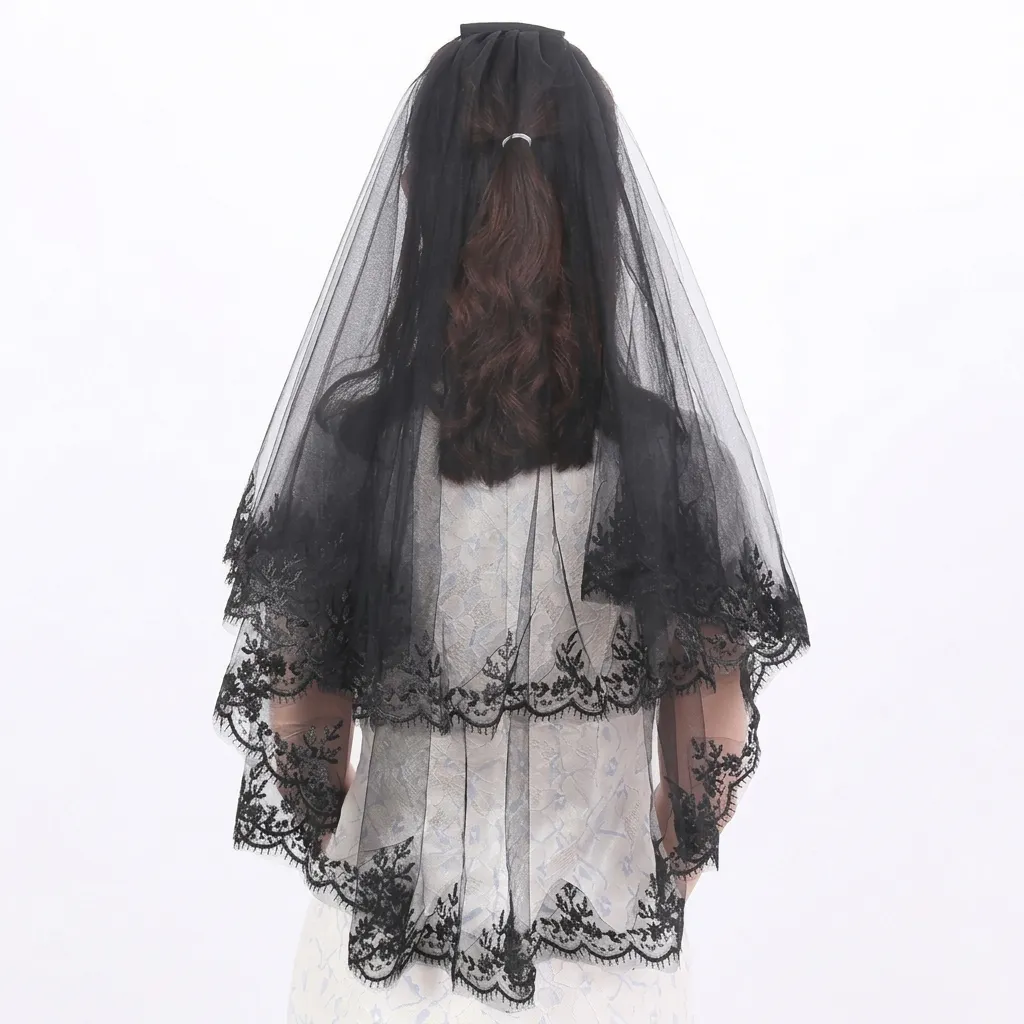 Elegant Double Layer Bridal Veil Floral Lace Trim Short Wedding Face Veil With Comb Halloween Costume Goth Party Hair Accessory For Women
