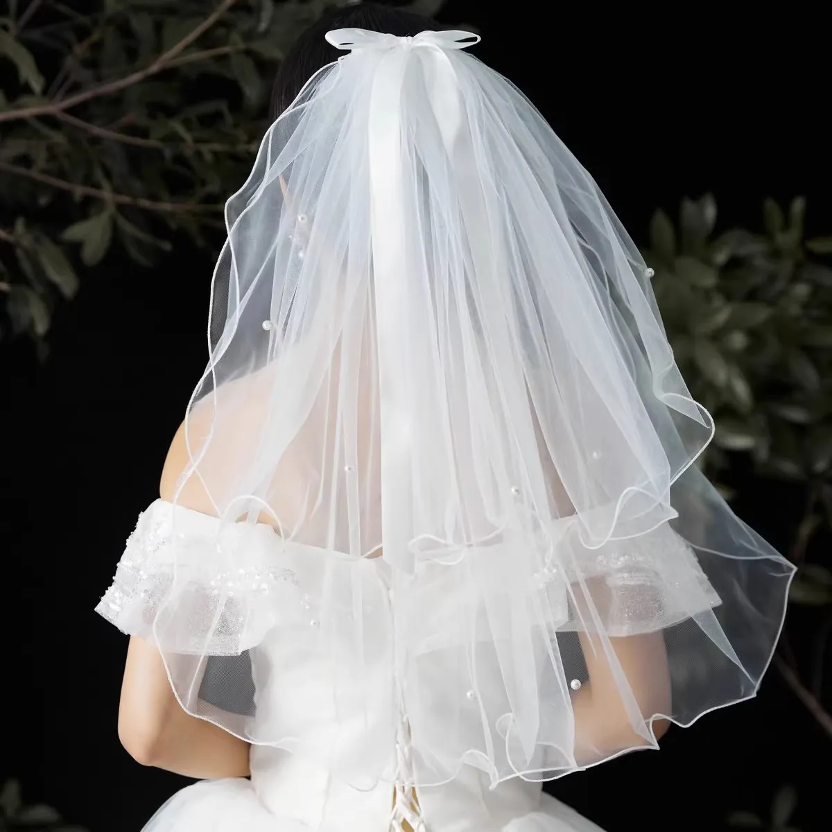 Short Bridal Veil Mesh Bow White Wedding Veil With Artificial Pearl Decor For Bride Photography Marriage Accessories Women