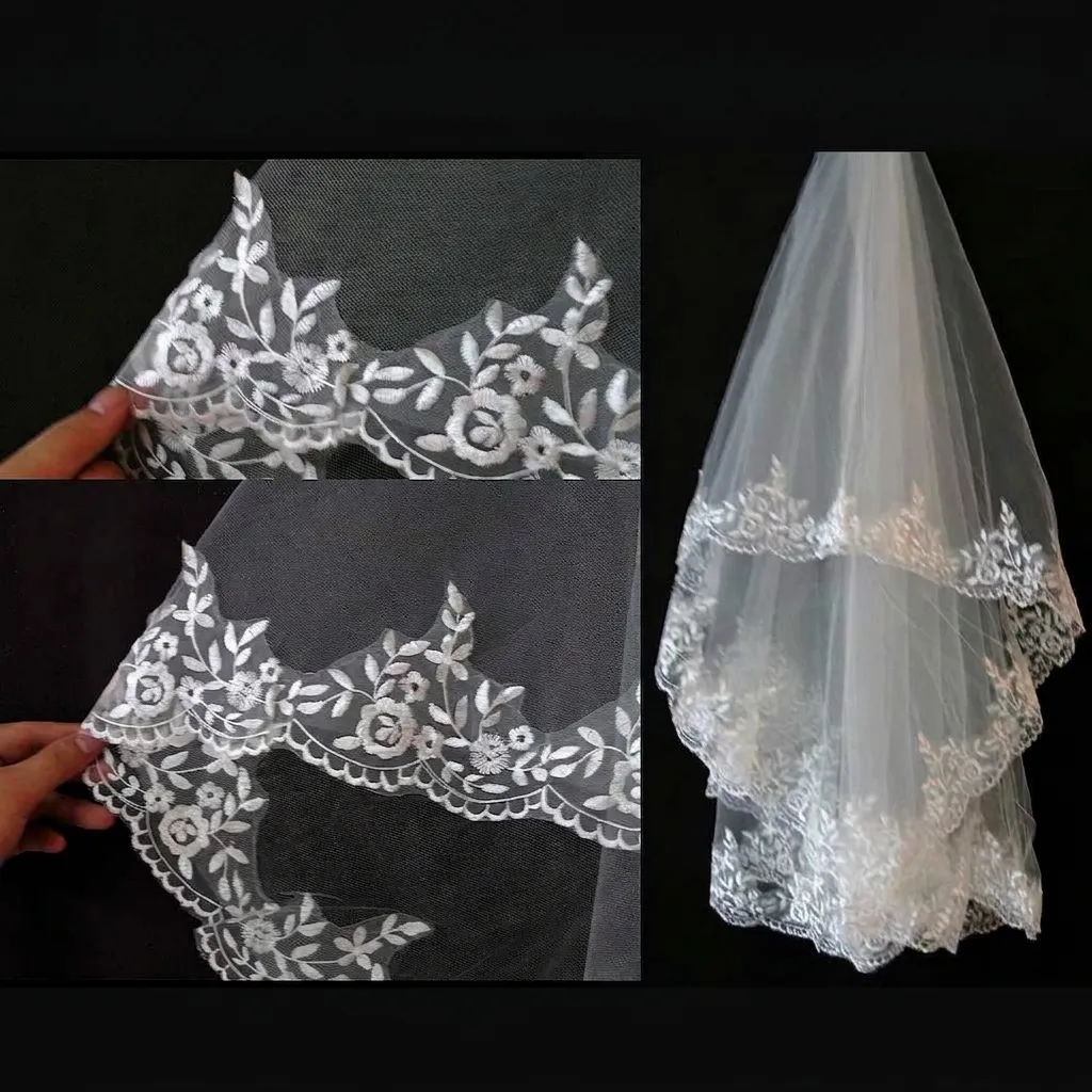 Elegant White Lace Mesh Wedding Bridal Veil with Exquisite Floral Computerized Embroidery Long Romantic Tulle Veil for Bride