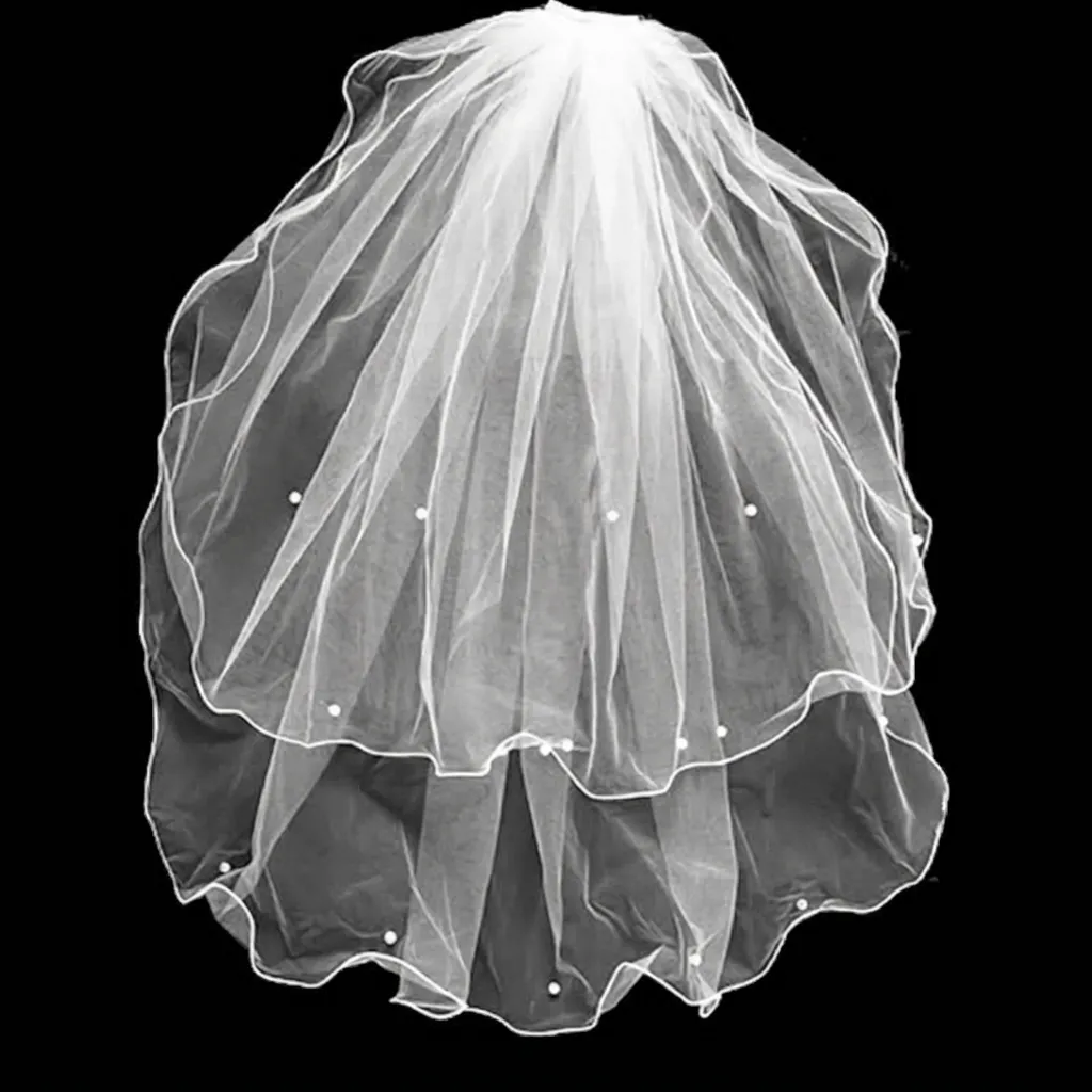 Short Bridal Veil White Double Layer Tulle Wedding Veil With Metal Comb Curly Edge Artificial Pearl Beaded Elegant Headpiece For Bride