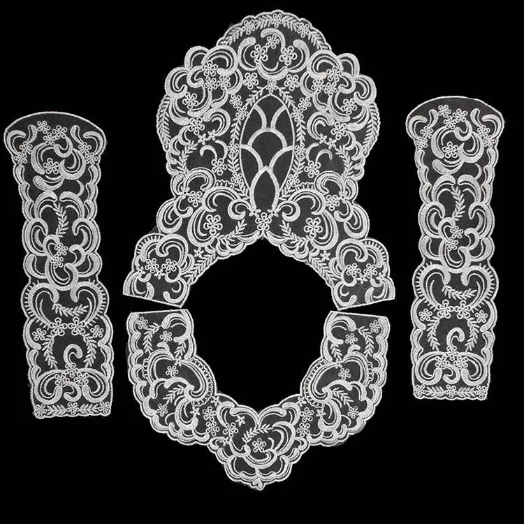 White Polyester Embroidered Lace Collar 4-Piece Set DIY Wedding Bridal Dress Applique Front Back Neckline Sleeve Flower