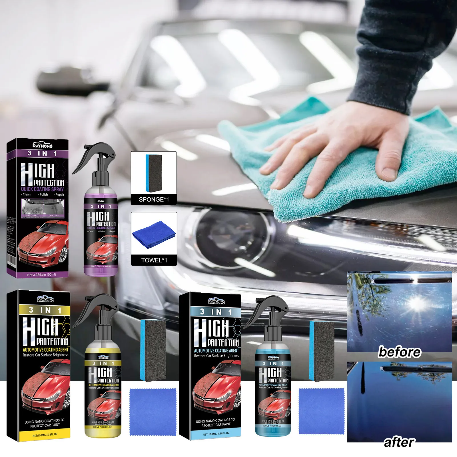 Rayhong 3-In-1 Car Coating Agent High Protection Quick Coating Spray Ceramic Paint Polishing Repair Cleaning Agent For Vehicle Maintenance