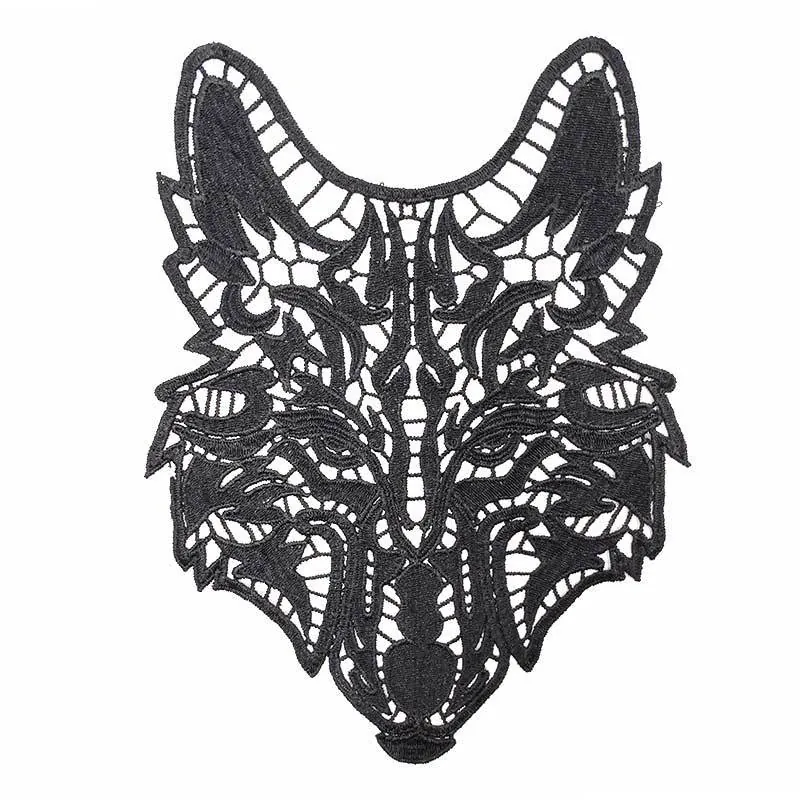 Wolf Head Water Soluble Lace Embroidery Patch Hollow Out DIY Apparel Accessory Polyester Floral Applique Chest Flower Sewing Supply