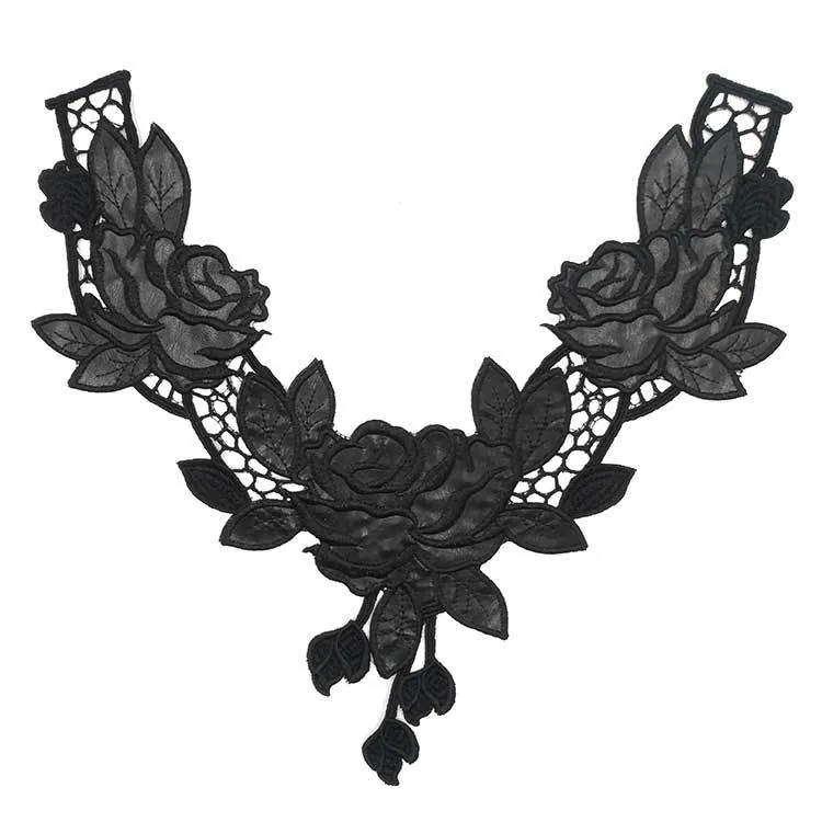 Heavy Work Black PU Leather Lace Collar Flower Patch Embroidery Applique Clothing Accessories Water Soluble Rose Floral Lace Trim For Dresses
