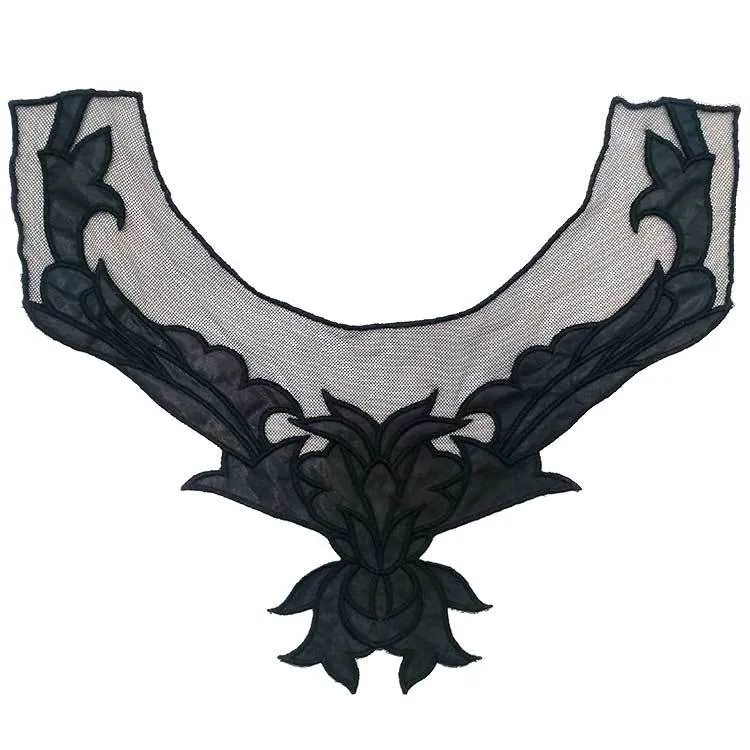 Schwarze Polyester Bestickt Ausschnitt Blume Wasserlösliche Spitze Falscher Kragen Applikation Floral Blatt Für Damen Bekleidung Dekor