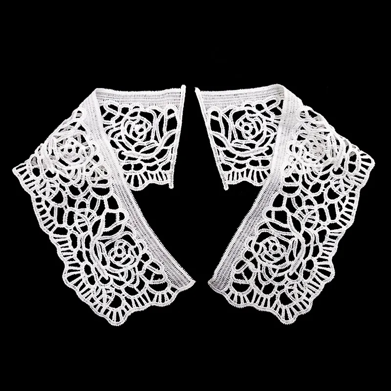 Cuello Falso de Encaje Hidrosoluble de Seda de Leche Blanco Patrón de Rosas Bordado Calado Exquisito Aplique de Escote DIY