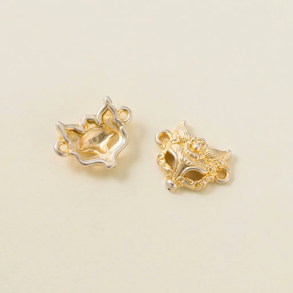 Charm Conector de Máscara de Zorro de Plata Fina 999 Con Baño de Oro de 14K para Fabricación de Pulseras DIY Joyería