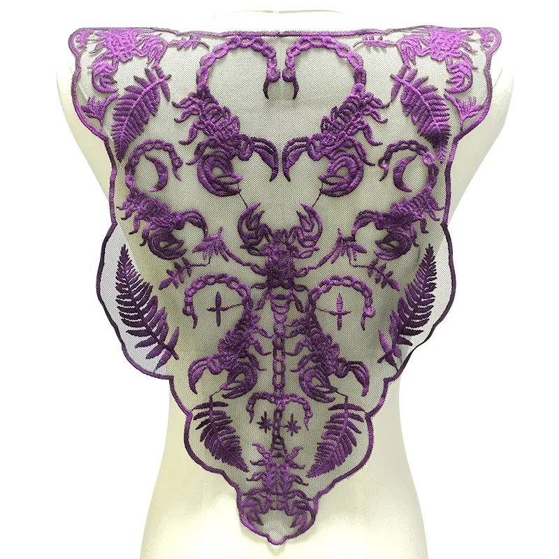 Symmetric Scorpion Floral Embroidered Lace Collar Piece Dark Purple Polyester Mesh Applique For Women Clothing Decoration DIY Patch