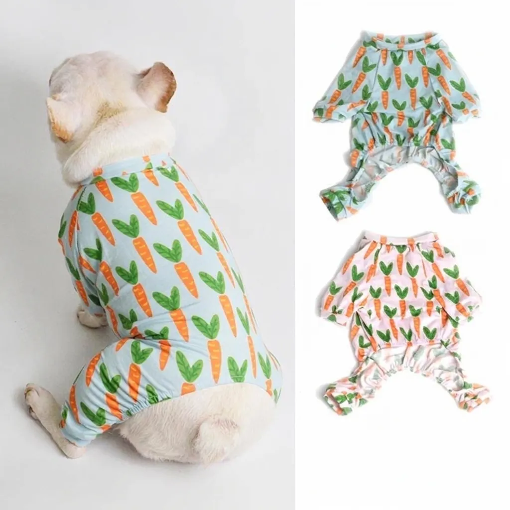 Pet Dog Carrot Print Pajamas Polyester Four-Legged Jumpsuit Thin Breathable Soft Home Wear For French Bulldog Small Medium Dogs