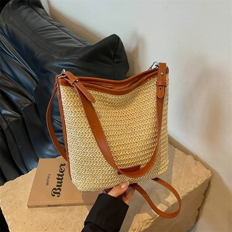 Bolso Bandolera de Paja Tejida para Mujer Casual Verano Bolso de Playa Tejido a Mano Con Cremallera Para Vacaciones