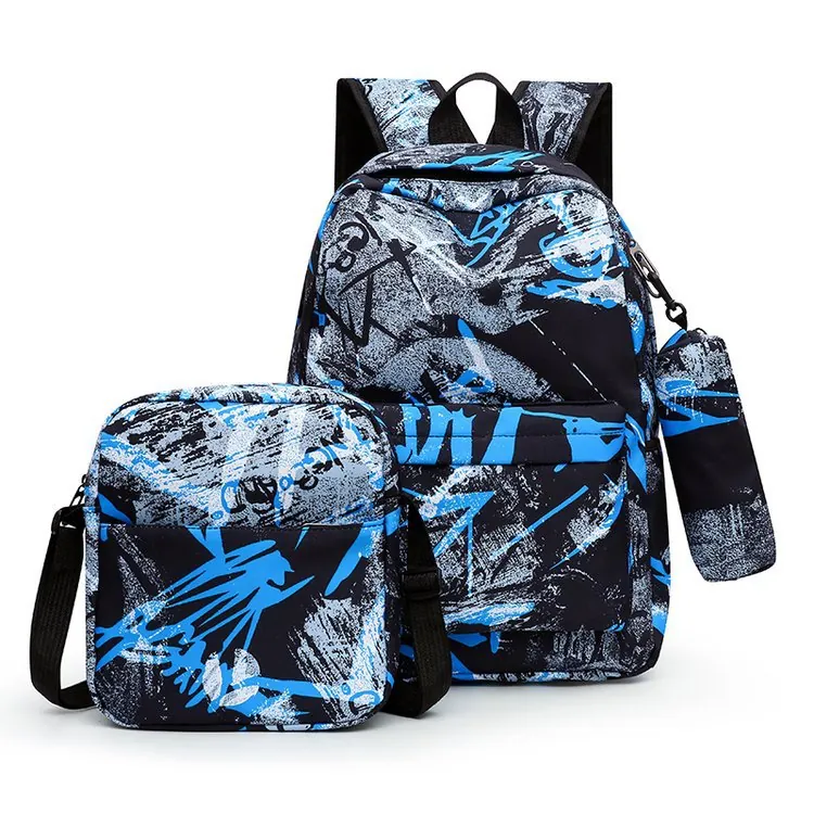 Zaino Scolastico Graffiti alla Moda Set 3 Pezzi Grande Capacità Outdoor Viaggio Zainetto per Studenti Uomo Casual Zaino Sportivo Con Borsa a Tracolla Astuccio