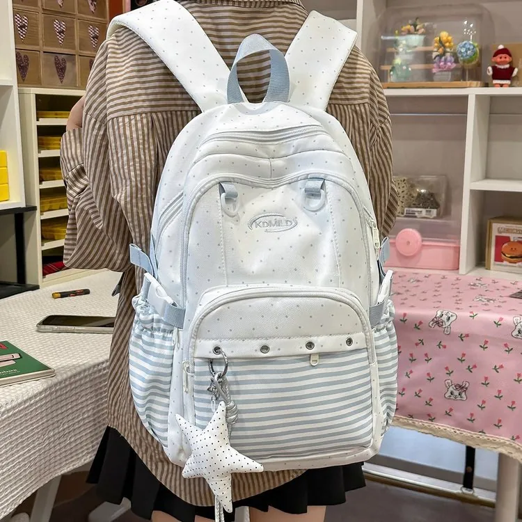 Preppy Style School Bag Lightweight Polka Dot Stripe Patchwork Nylon Backpack For Teen Girls Students Commuter Travel Backpack With Star Pendant