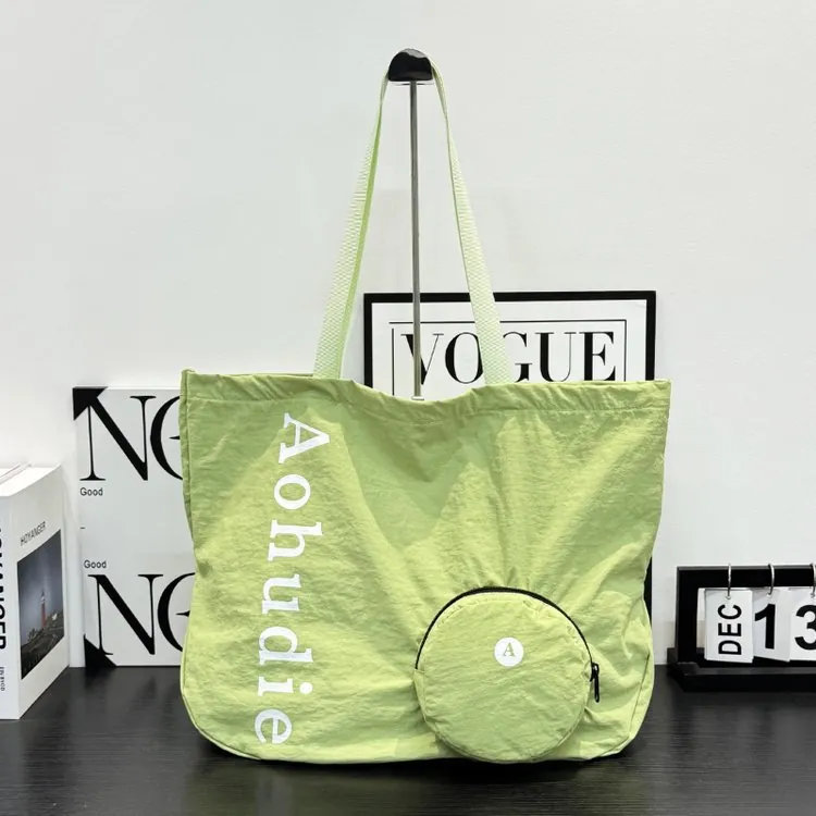 Women Large Capacity Washed Nylon Tote Bag Fashion Casual Foldable Shoulder Bag With Matching Round Pouch Lightweight Travel Bag