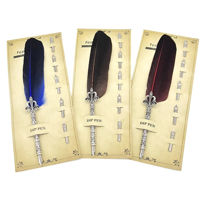 Vintage Feather Dip Pen Set With 5 Nibs Retro Metal Engraved Handle Calligraphy Fountain Pen For Business Gift Office Writing