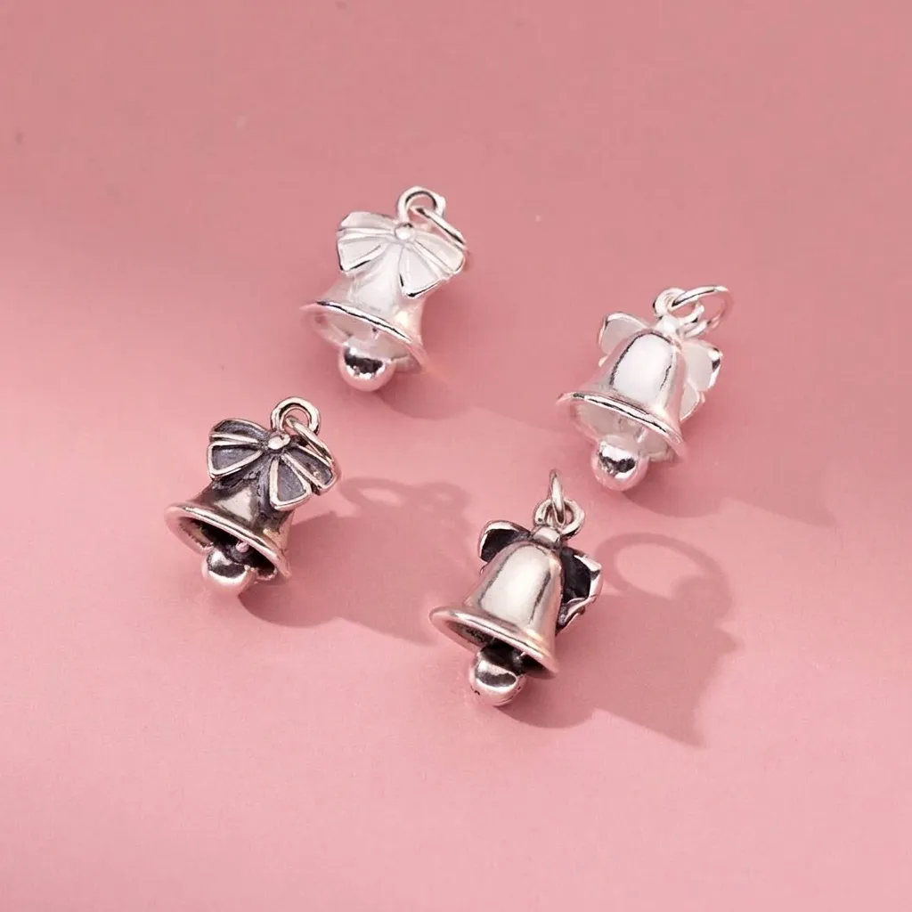 Vintage 925 Sterling Silver Bow Bell Pendant DIY Jewelry Accessories Thai Silver Bowknot Bell Charm For Bracelet Necklace Making Handmade Hanging Ornament