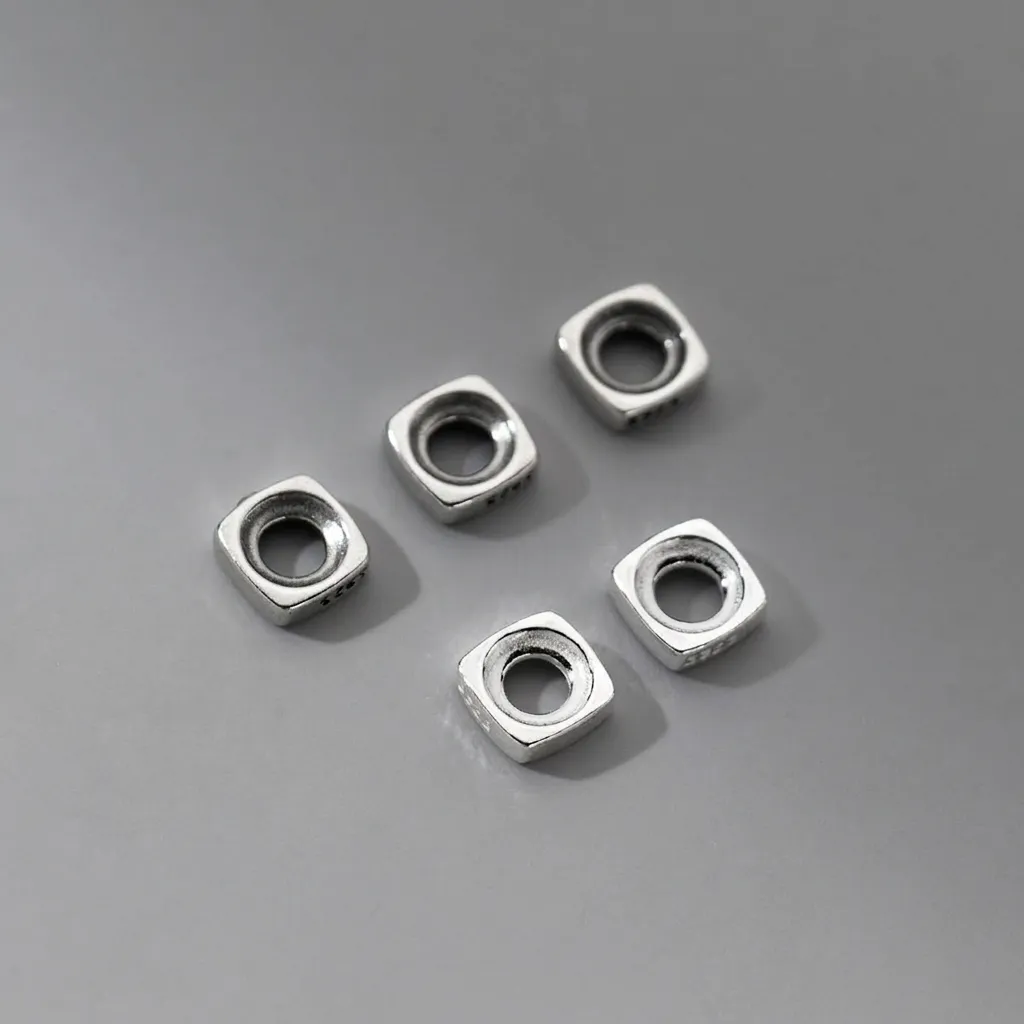 Vintage 925 Sterling Silver Square Spacer Beads Retro Oxidized Metallic Loose Bead For Handcrafted Bracelet Weaving DIY Jewelry Making Components
