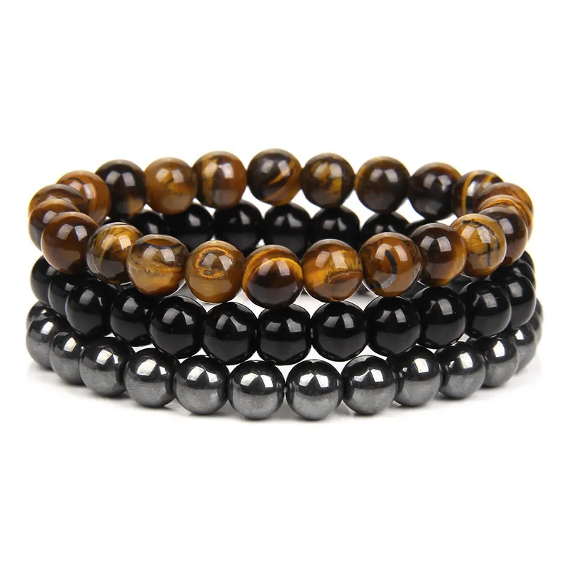 Natural Stone Bracelet Set Tiger Eye Amethyst Turquoise Beaded Triple Protection Handmade Unisex Stackable Elastic Jewelry
