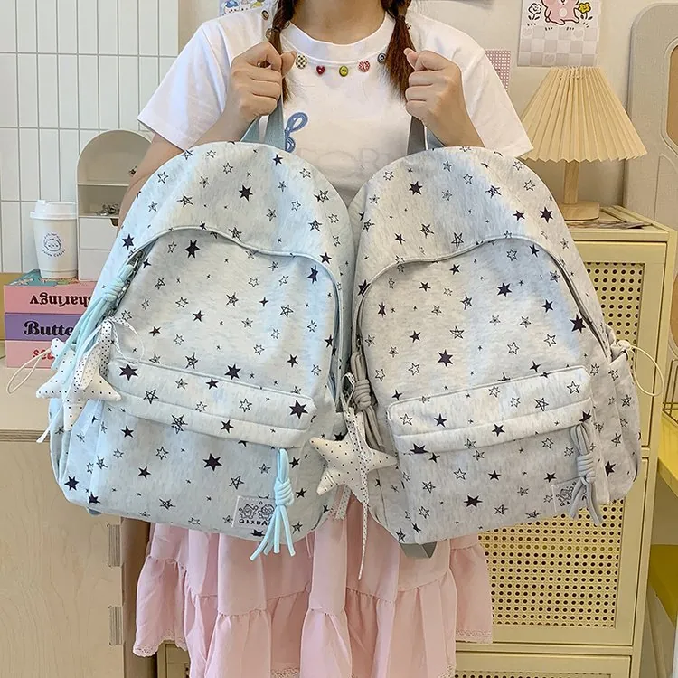 Nylon Preppy School Star Printed Backpack Ergonomic Burden Reduction Youth Computer Laptop Rucksack For Students Everyday Travel Bag
