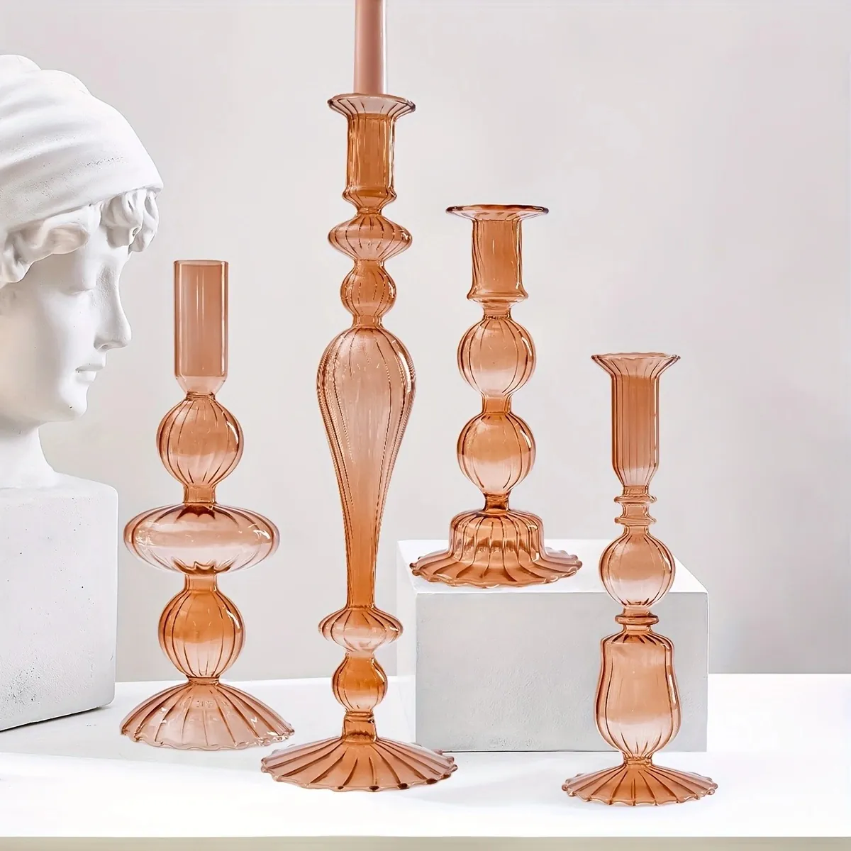Candeliere Creativo in Vetro Ambrato a Righe Supporto per Candele Artistico a Stelo Lungo per Matrimonio Decorazione da Tavolo