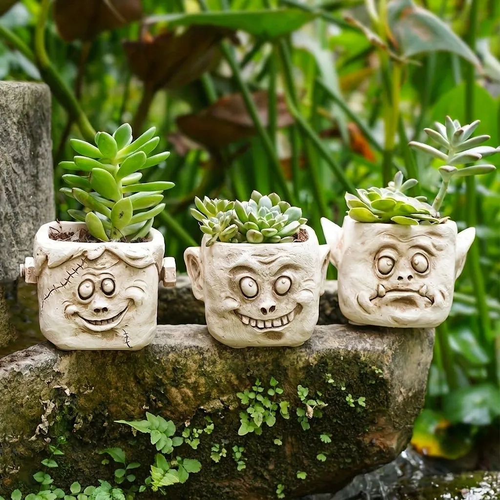 Pot de Fleur en Résine Visage de Démon Expressions Drôles Tête de Monstre Jardinière pour Succulentes Sculpture Décorative Jardin