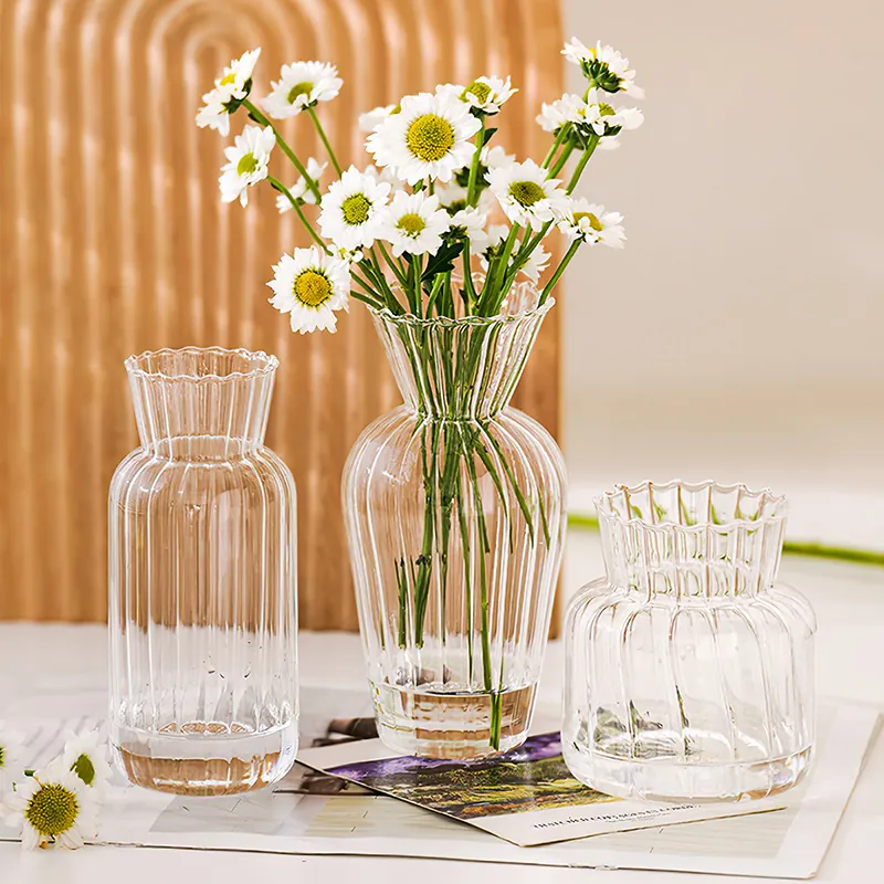 Kreative Retro Gestreifte Glasvase Klare Minimalistische Gerippte Vase Für Home Decor Wohnzimmer Tischplatte Blumen Trockenblumenarrangement