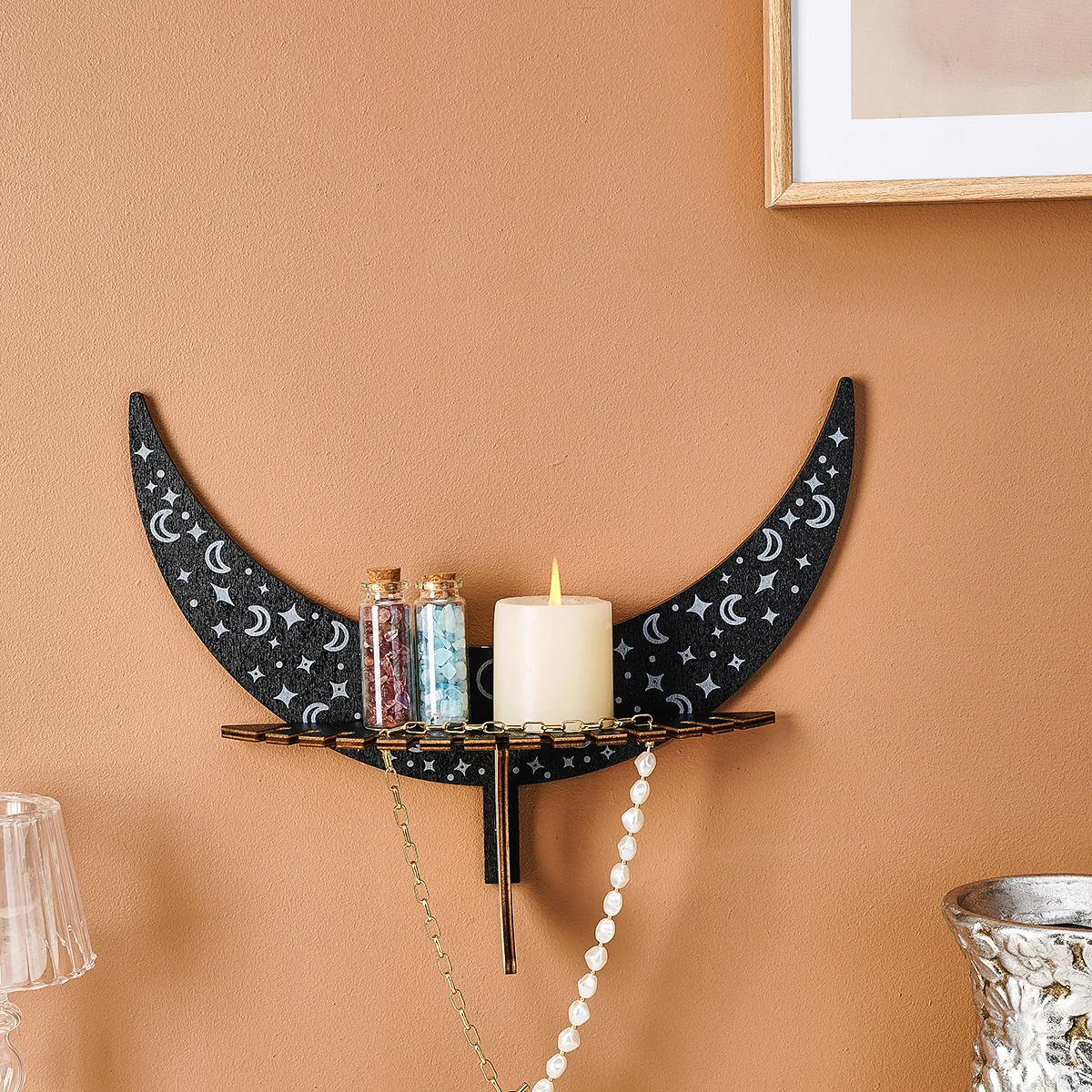Moon Star Wooden Wall Floating Shelf Creative Black Gothic Home Decor Bohemian Storage Display Rack For Candles Crystals Jewelry