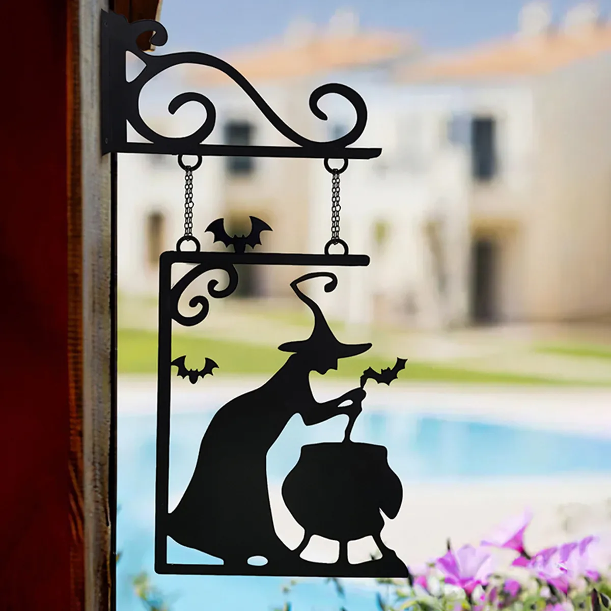 Halloween Witch Brewing Iron Hanging Decoration Black Forest Deer Silhouette Wall Art Metal Witch Cauldron Bat Sign Indoor Outdoor Garden Home Wall Decor