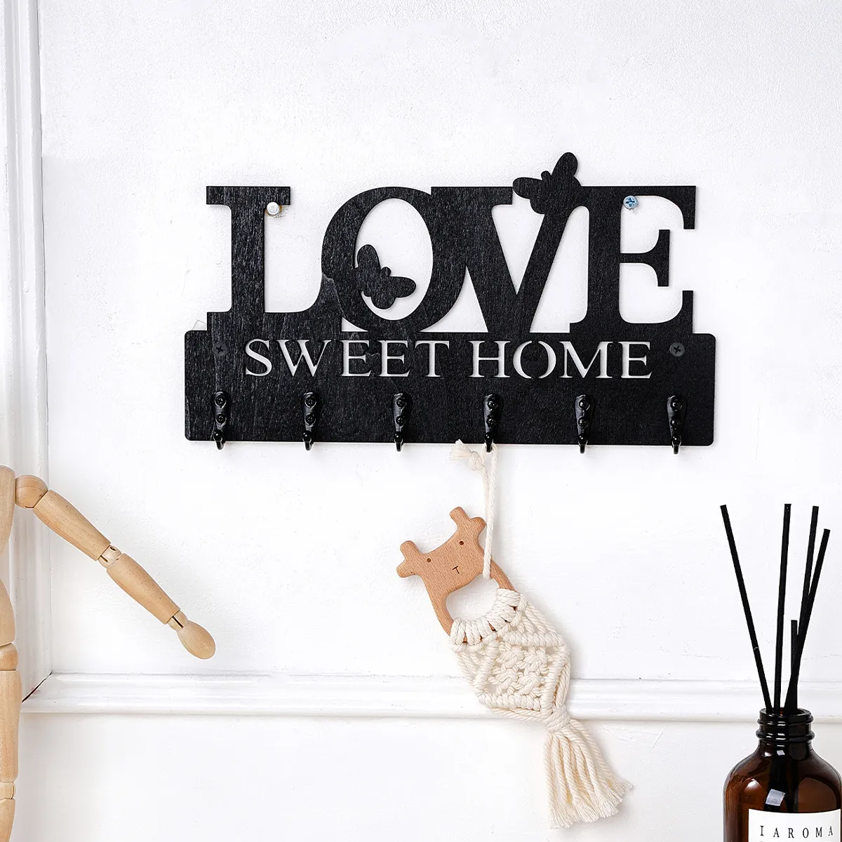 Kreativer Wand-Schlüsselhalter aus Holz Love Sweet Home Hakenleiste Dekorativer Kleiderbügel Für Taschen Handtücher Minimalistischer Flur-Organizer