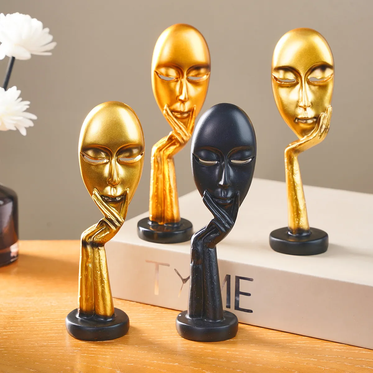 Nordic Abstract Silence Is Gold Mask Statue Creative Resin Thinker Sculpture Modern Figure Figurine For Home Office Table Decor