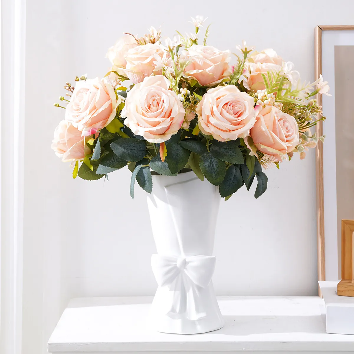 Artificial Multi-Head Rose Bouquet Silk Plastic Fake Flowers For Wedding Party DIY Home Table Floral Decoration