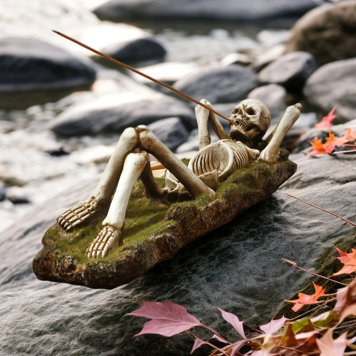 Gothic Lying Down Skeleton Incense Holder Resin Mossy Rock Base Vintage Home Desktop Decor Halloween Ornament Gift
