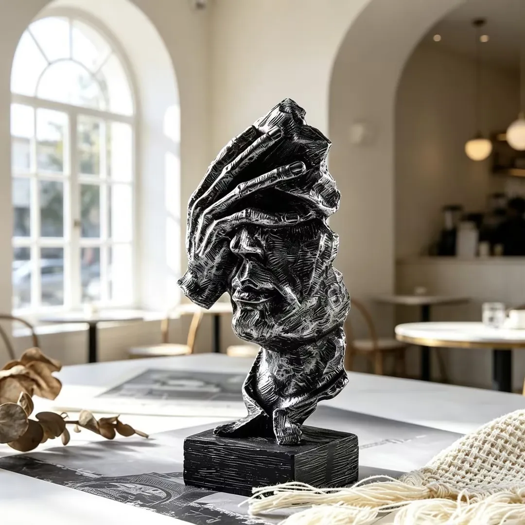 Escultura de Busto de Retrato Abstracto Moderno Resina Adorno de Arte Silencioso Textura Metálica de Plata Envejecida Figurilla para Estudio Oficina Hogar