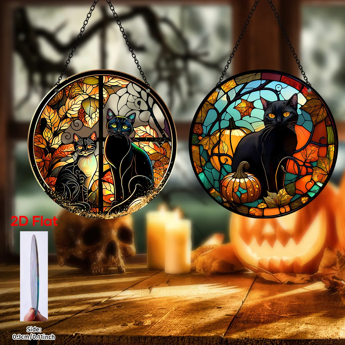 Halloween Style Vitrail Acrylique Rond Ornement Suspendu Double Face Citrouille Chat Noir Arbre De Vie Décor Pour Fenêtre Maison Porte